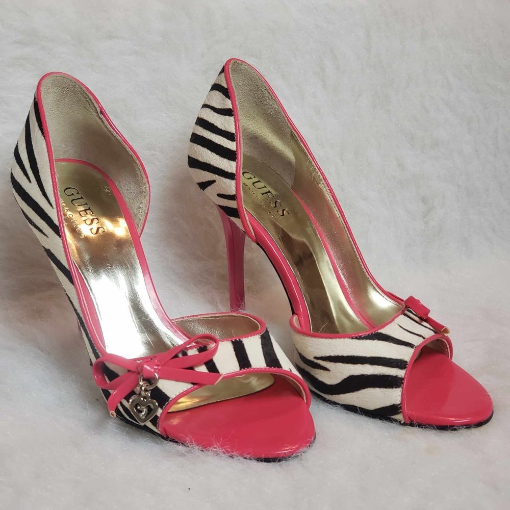 Guess by Marciano Gwentrust Pony Hair Zebra Stiletto shoes with charms & bow
